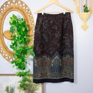 Brown Paisley Border Print Midi Skirt Ornate Baroque Boho Briggs | Dark Autumn